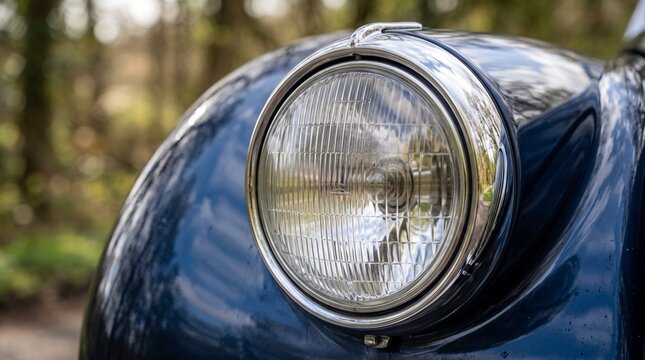 Vintage car headlight close-up with natural background  