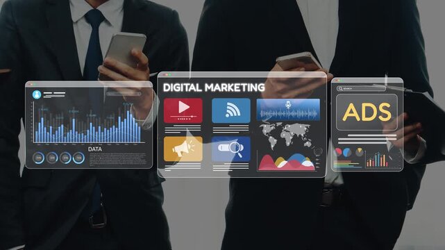 A group of business professionals engaged in digital marketing activities, analyzing data, and strategizing advertisements using smartphones in a modern office. Raster