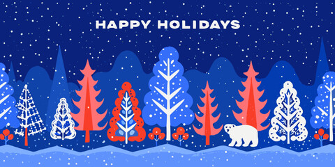 Winter forest scene with polar bear and falling snow vector illustration © Sarojit