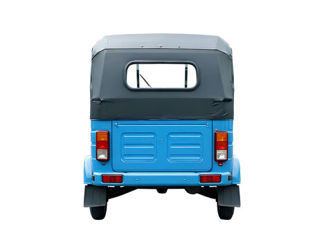 Rear back view of blue Bajaj Indonesia, Jakarta City three wheeled motorized auto rickshaw traditional urban transport isolated on a transparent background high resolution cut out PNG graphic art