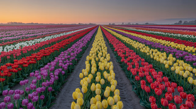 Vibrant Tulip Farm at Dawn, Expansive Colorful Rows