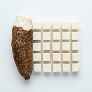 Cassava root and diced pieces on a white background
