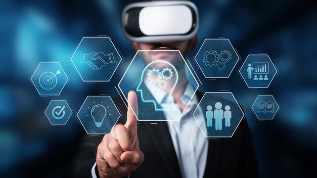A professional using virtual reality technology to interact with innovative business graphics. This image captures the future of digital transformation and collaboration. Raster