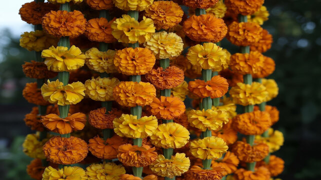 Close-up of vibrant marigold garland, festive decoration detail