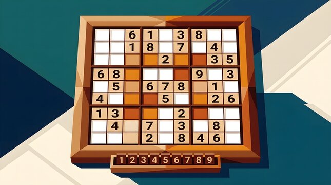 Wooden sudoku puzzle board with numbered tiles on colorful background