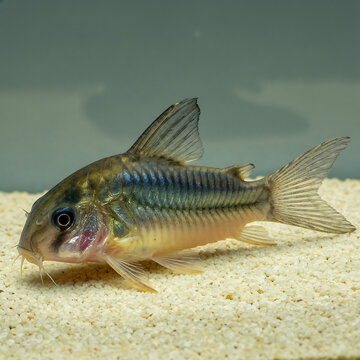 A detailed side view of a corydoras catfish on transparent background