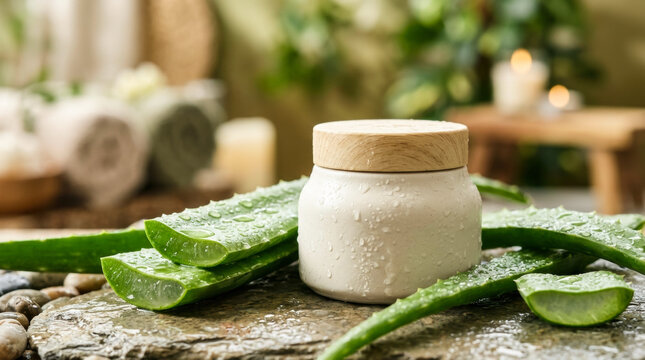 White cosmetic jar with a wooden lid next to fresh wet aloe vera leaves on a stone representing natural hydration skincare, organic beauty products, and botanical spa treatment.