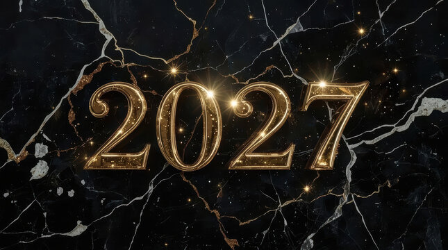 2027 gold numbers on black marble background with sparkling light accents and festive glow