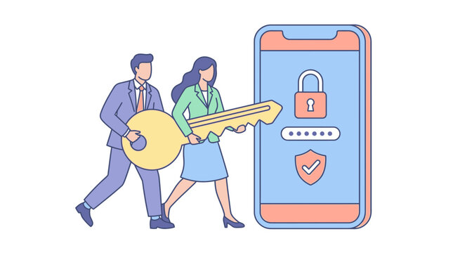 Business People Carrying Giant Key to Unlock Secure Smartphone