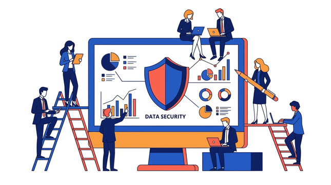 Business people analyzing data security and cyber safety on giant computer screen vector illustration