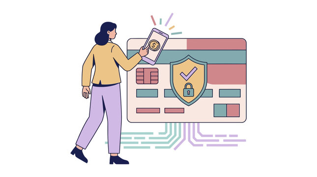 Woman using smartphone for secure mobile credit card payment and digital banking transaction illustration