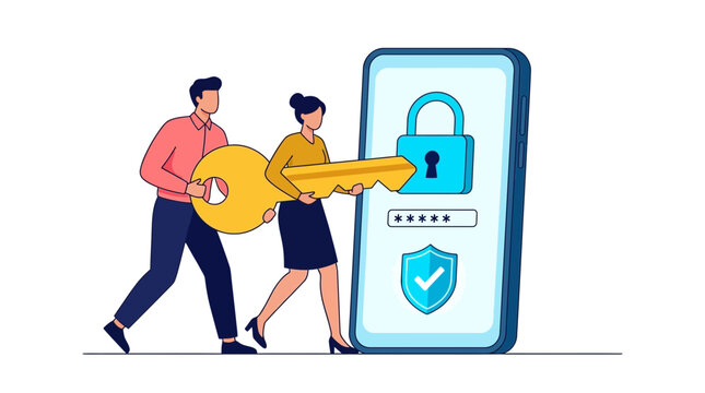 People carrying big key to unlock smartphone screen for cyber security and data protection concept