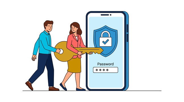 Man and woman using a large key to access secure smartphone featuring shield icon and password interface for online privacy and safety illustration
