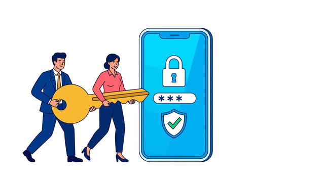 Professional Business Team Holding a Large Key to Secure Mobile Phone Application Access and Data Privacy Protection Concept