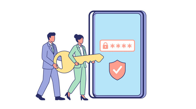 Business Professionals Securing Digital Mobile Device Access with Digital Key and Protection Shield for Enhanced Cyber Data Security and Authentication