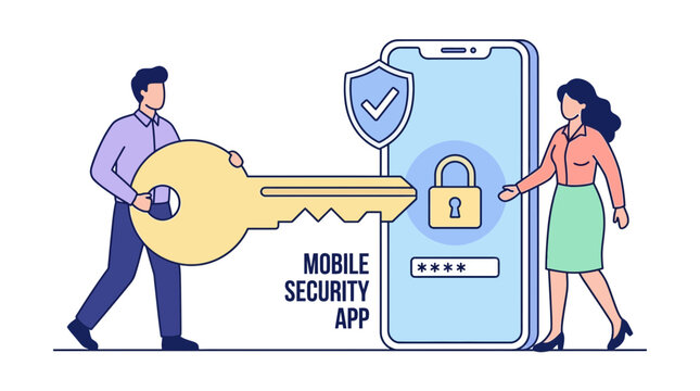 Mobile Security App Concept Illustration Featuring Users Protecting Digital Data Access with a Large Key and Shield