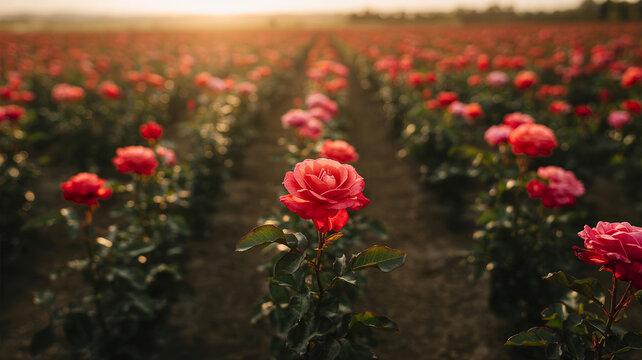 Romantic red rose field stretching to horizon, dramatic landscape