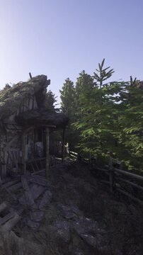 An old, weathered cabin stands quietly among tall green trees, bathed in soft daylight. Its rustic charm and surrounding overgrowth evoke a sense of tranquility and nostalgia.