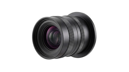 Fototapeta premium Black camera lens with ribbed grip and purple hues png isolated on transparent background