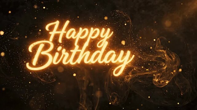 Radiant Amber Happy Birthday Script Hovering Softly with Slow Drifting Dust and Warm Honey Lighting