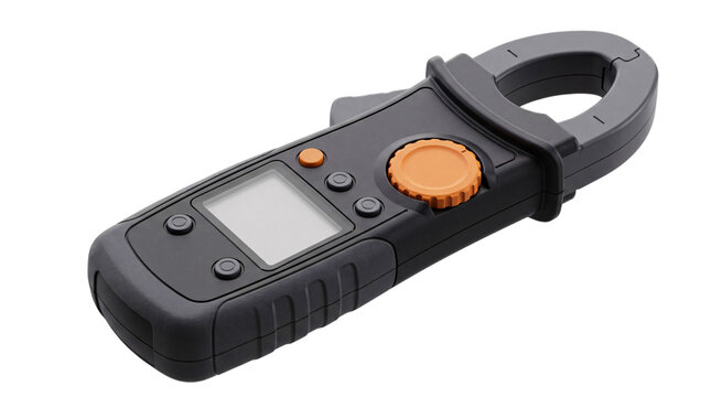Black digital clamp meter with orange dial on white png isolated on transparent background