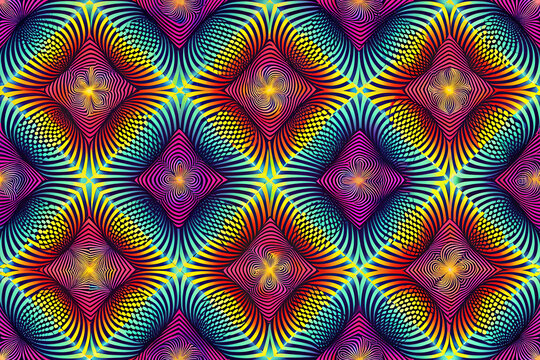 Psychedelic fractal pattern with vibrant neon colors. Abstract geometric kaleidoscope background. Trippy optical illusion texture for creative design.