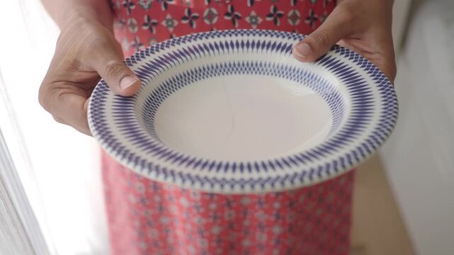 Person holds a broken plate in hands
