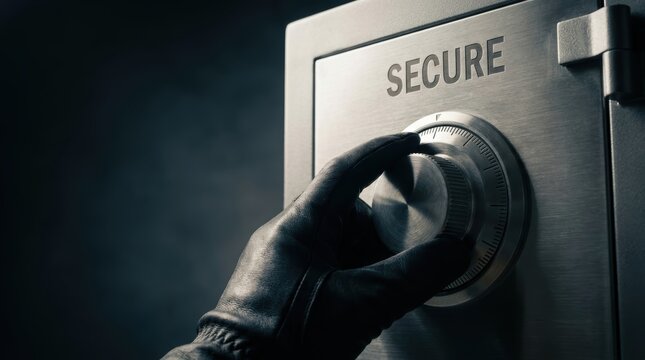 Ttax strategy concepts. Close-up of gloved hand turning dial on metal secure safe in dark setting