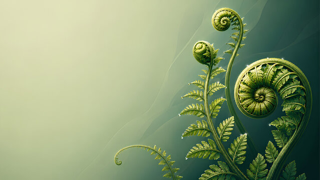 Fern fiddleheads unfurl their vibrant green spirals against a soft-focus background of gentle morning light and deep forest shadows to create a tranquil natural display.