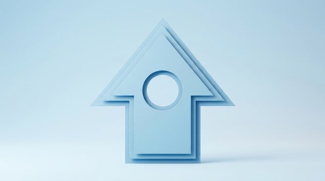 A light blue 3d arrow pointing upwards, constructed from layered paper-like shapes with a circular hole in the center, on a light blue background
