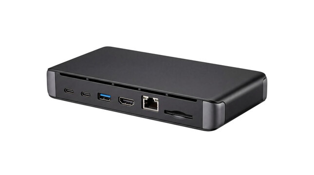 Black usb-c docking station with multiple ports and sd png isolated on transparent background