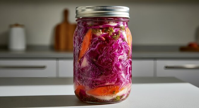 Glass jar of bubbling lacto-fermented vegetables, side natural light, kitchen counter background, visible bubbles and brine texture