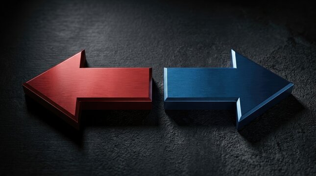 A red arrow and a blue arrow pointing in opposite directions on a dark textured stone background, representing choice, conflict, and decision