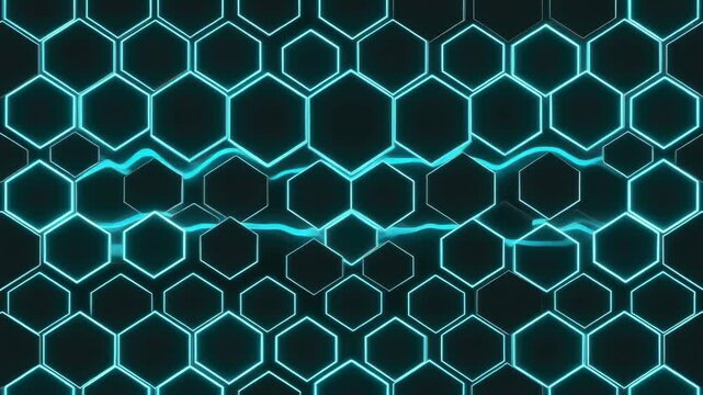 Blue Neon Hexagon Grid Energy Waves 4K Generative AI