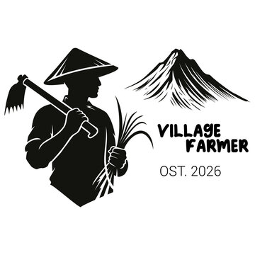 Stylized black silhouette of a traditional village farmer wearing a conical hat, carrying a hoe and holding fresh crops, with a mountain in the background. Ideal for agriculture themes.