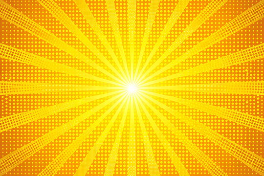 Vibrant yellow sunburst background, comic book pop art style with halftone dots, bright orange radial rays for marketing posters