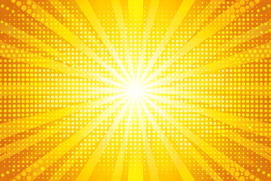 Vibrant yellow comic sunburst background, retro pop art halftone rays, bright orange radial burst pattern for social media