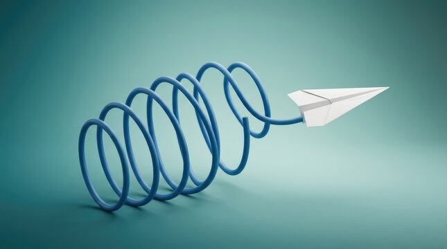 A white paper airplane attached to a blue spiral spring, representing a unique path, unconventional thinking, and creative problem solving concept
