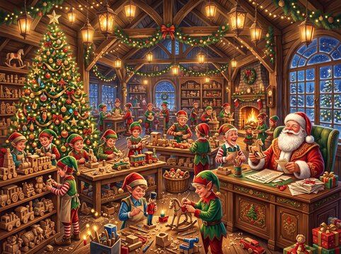 Santa Claus Workshop with Elves Making Wooden Toys for Christmas
