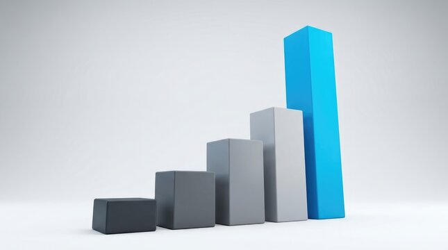 A3d bar chart showing a steady growth trend with four rectangular columns increasing in height from dark grey to a bright blue final bar