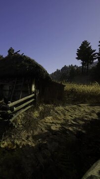A charming rustic hut stands in a serene landscape. Soft light bathes the scene as dusk approaches, with trees and fields surrounding the peaceful abode, creating a tranquil atmosphere.