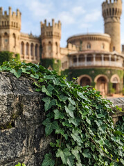 Obraz premium Green ivy leaves climbing ancient stone wall of historic castle fortress