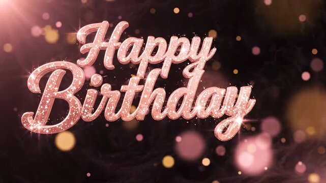 Rose Gold 3D Happy Birthday Script Sparkling with Gentle Bokeh Float and Warm Blush Lighting on Dark Charcoal