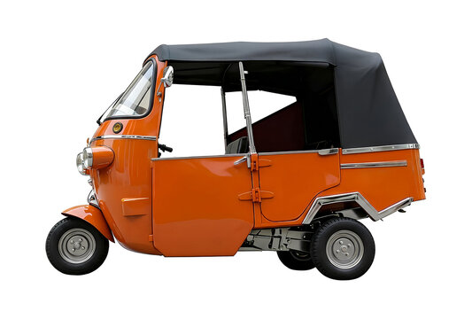 Profile side view bright orange three wheeler auto rickshaw urban transit Indonesia Bajaj isolated on a transparent background for stock photo mockup asset presentation clipping path layout design