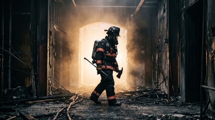 Naklejka premium Firefighter walks through a smoky building during a rescue operation in the evening