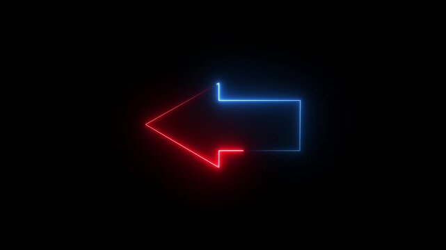Glowing neon red and blue color direction left arrow sign icon animation journey information road sign signal Black Background Modern Navigation Interface 4K.