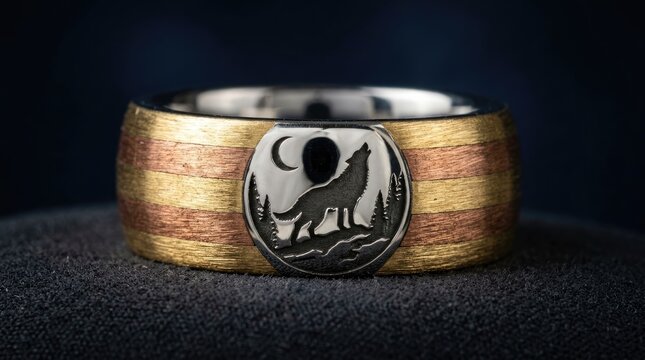 Detailed metal ring featuring a wolf howling at the moon engraved on a circular emblem with a brushed gold and copper striped band texture
