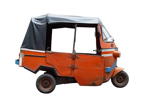 Traditional orange auto rickshaw right side view urban transit three wheeler Indonesia Bajaj isolated on a transparent background for graphic design asset stock photo digital presentation project