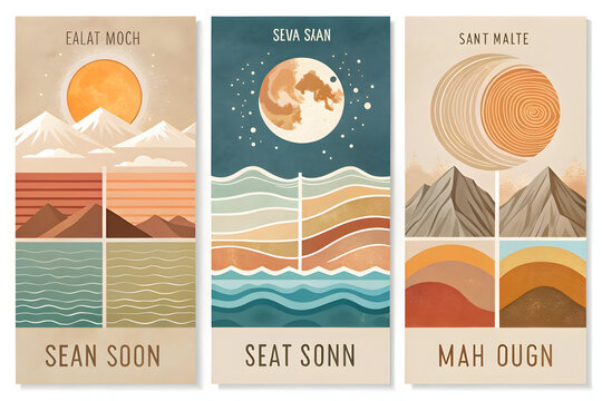Boho abstract landscape posters, minimalist mountain and moon wall art set, mid-century modern celestial sun illustrations with earthy terracotta tones