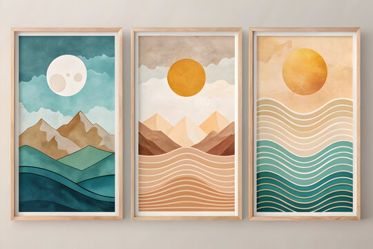 Boho abstract landscape wall art set of 3, minimalist watercolor mountain and sun posters in wood frames, mid-century modern nature prints for home decor